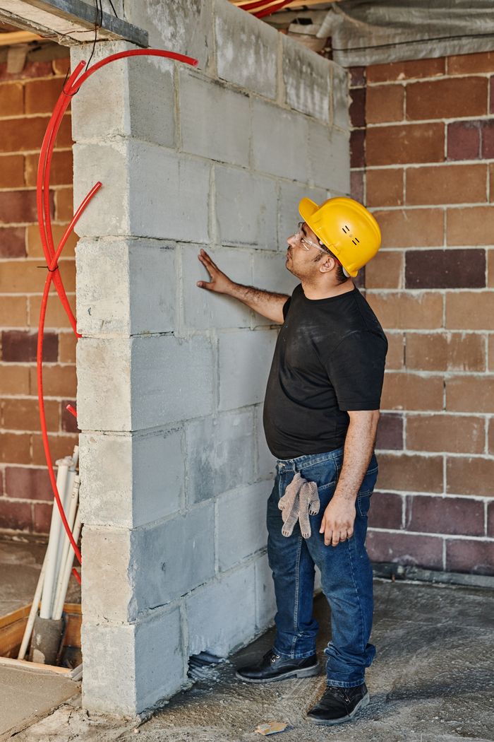 Crafting Captivating Headlines: Your awesome post title goes here Construction worker with hard hat inspects brick wall in an indoor site.